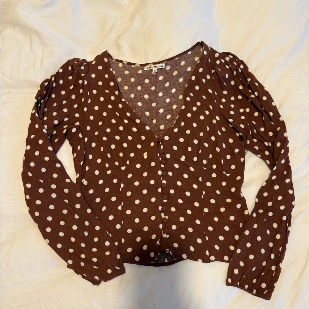 Reformation Brown Polka Dot V-Neck Blouse